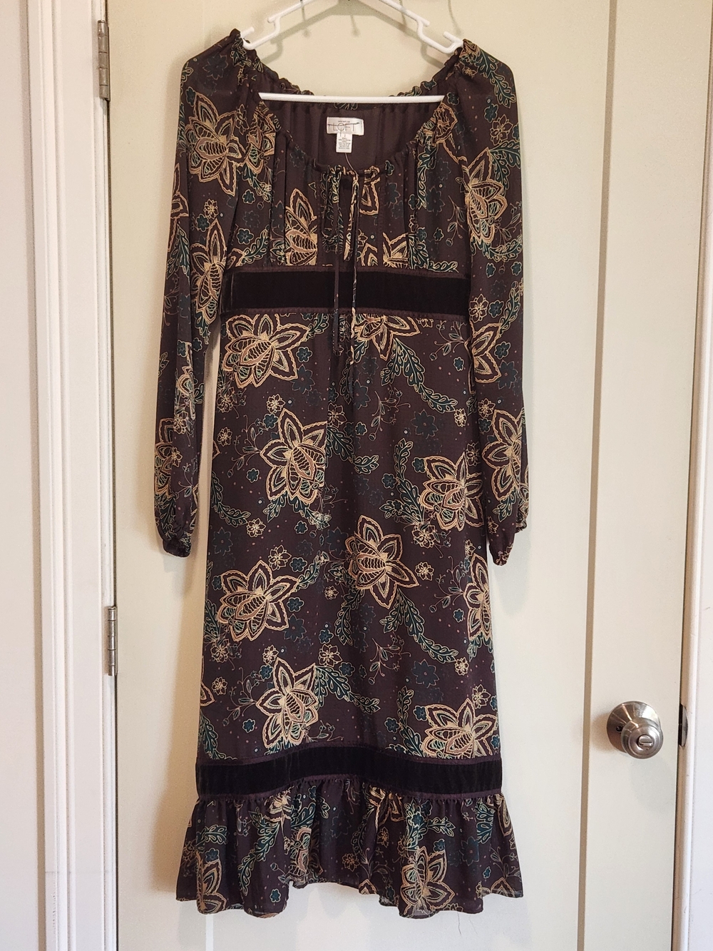 Cottagecore Brown Floral Chiffon Midi Dress Velvet Empire Waist Size 2 LOFT NWOT